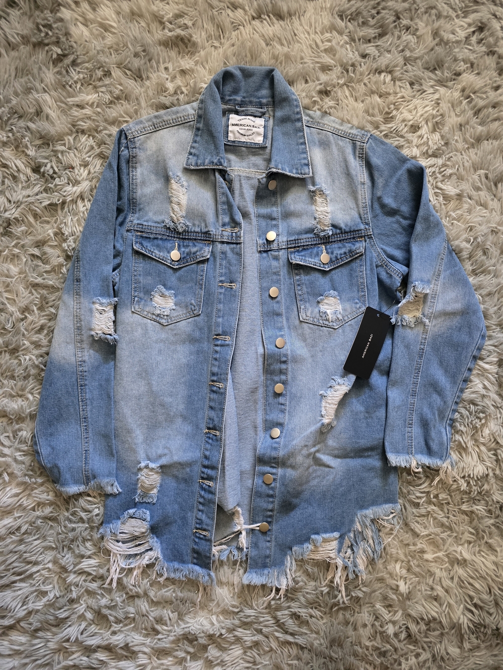 NWT American Bazi Distressed Long Light Blue Denim Jacket - Size Small - Picture 6 of 9